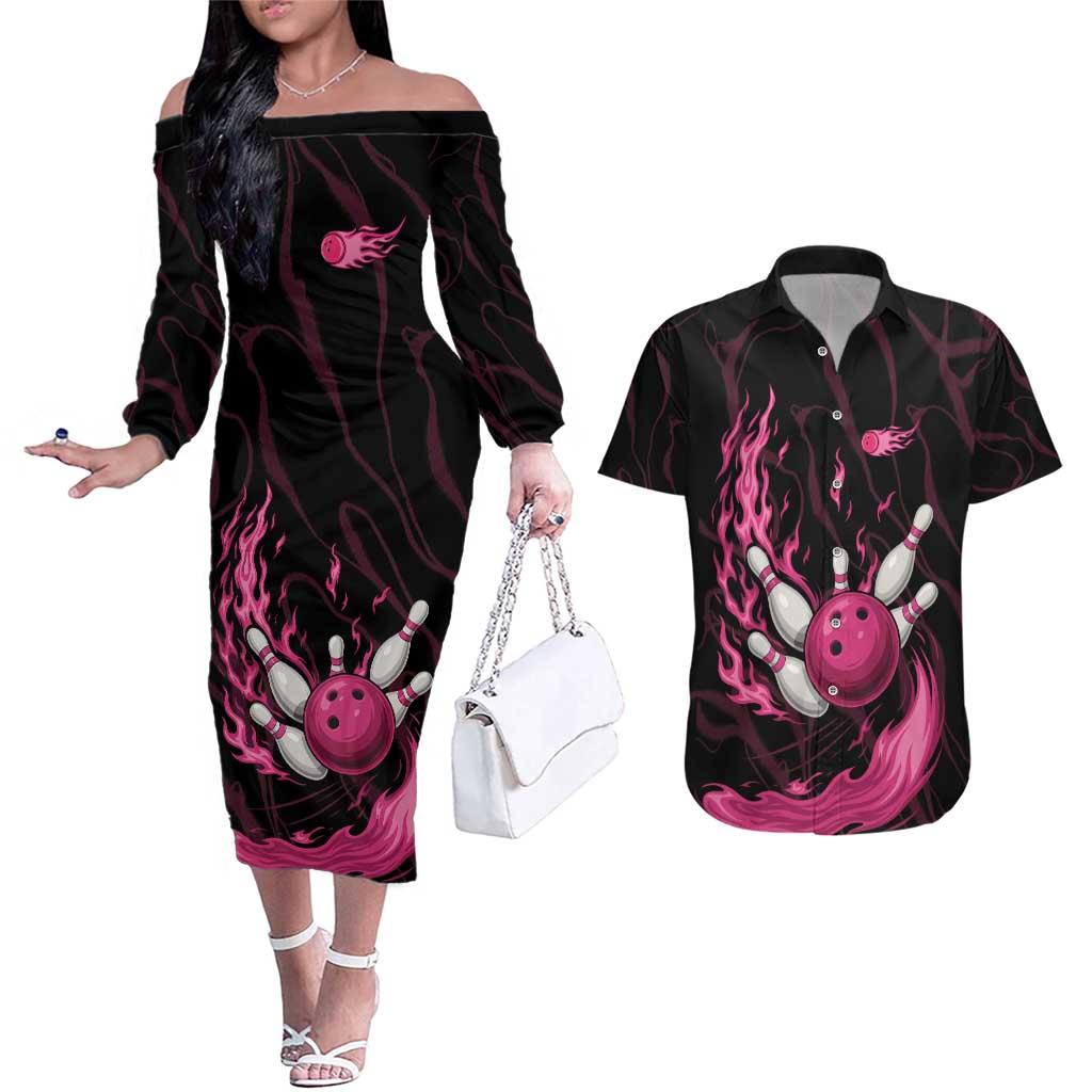 Pink Flaming Bowling Ball and Pins Couples Matching Off The Shoulder Long Sleeve Dress and Hawaiian Shirt with Lightning Effect Graphic Design - Wonder Print Shop
