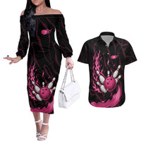 Pink Flaming Bowling Ball and Pins Couples Matching Off The Shoulder Long Sleeve Dress and Hawaiian Shirt with Lightning Effect Graphic Design - Wonder Print Shop