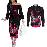 Pink Flaming Bowling Ball and Pins Couples Matching Off The Shoulder Long Sleeve Dress and Long Sleeve Button Shirt with Lightning Effect Graphic Design - Wonder Print Shop