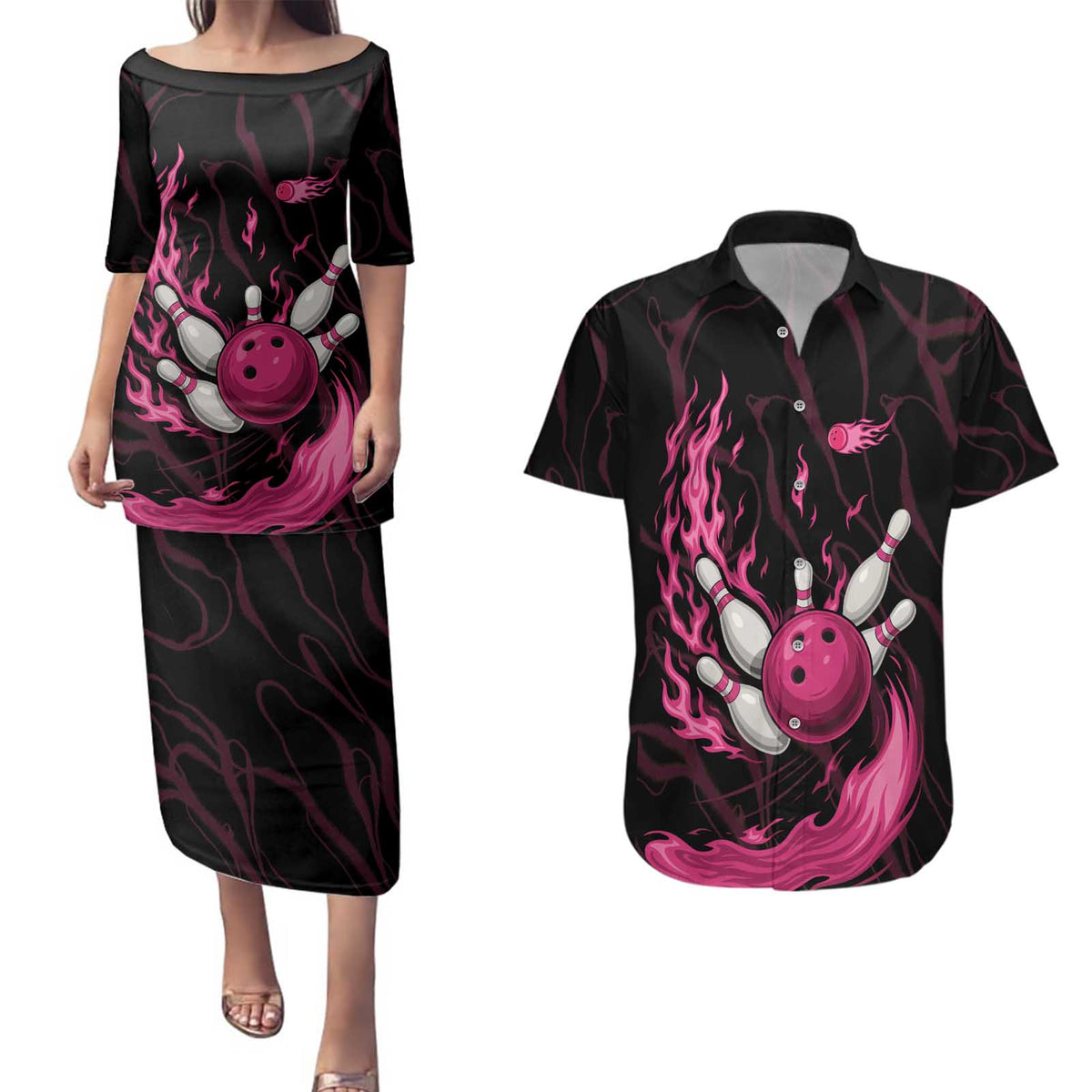 Pink Flaming Bowling Ball and Pins Couples Matching Puletasi and Hawaiian Shirt with Lightning Effect Graphic Design - Wonder Print Shop