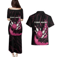 Pink Flaming Bowling Ball and Pins Couples Matching Puletasi and Hawaiian Shirt with Lightning Effect Graphic Design - Wonder Print Shop