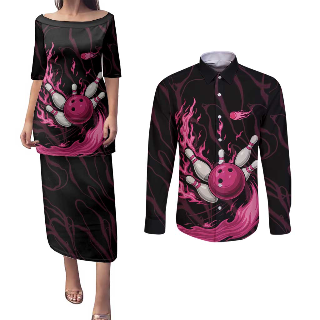 Pink Flaming Bowling Ball and Pins Couples Matching Puletasi and Long Sleeve Button Shirt with Lightning Effect Graphic Design - Wonder Print Shop