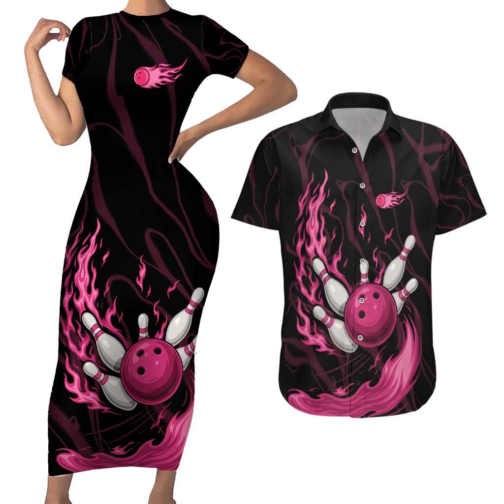 Pink Flaming Bowling Ball and Pins Couples Matching Short Sleeve Bodycon Dress and Hawaiian Shirt with Lightning Effect Graphic Design - Wonder Print Shop