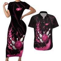 Pink Flaming Bowling Ball and Pins Couples Matching Short Sleeve Bodycon Dress and Hawaiian Shirt with Lightning Effect Graphic Design - Wonder Print Shop