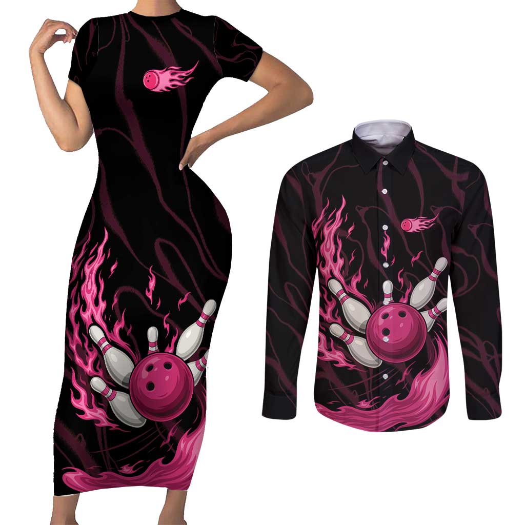 Pink Flaming Bowling Ball and Pins Couples Matching Short Sleeve Bodycon Dress and Long Sleeve Button Shirt with Lightning Effect Graphic Design - Wonder Print Shop