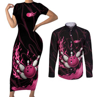 Pink Flaming Bowling Ball and Pins Couples Matching Short Sleeve Bodycon Dress and Long Sleeve Button Shirt with Lightning Effect Graphic Design - Wonder Print Shop
