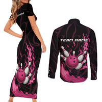 Pink Flaming Bowling Ball and Pins Couples Matching Short Sleeve Bodycon Dress and Long Sleeve Button Shirt with Lightning Effect Graphic Design - Wonder Print Shop