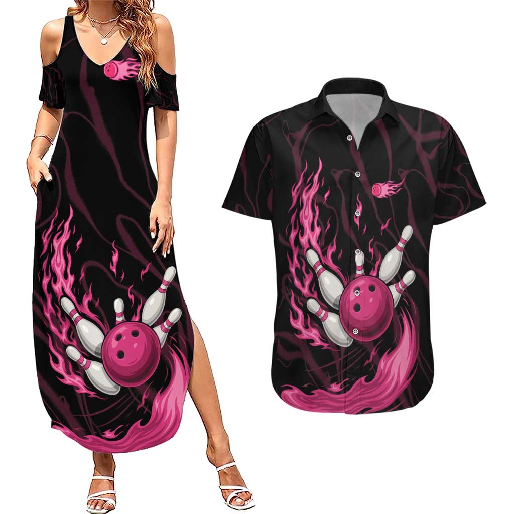 Pink Flaming Bowling Ball and Pins Couples Matching Summer Maxi Dress and Hawaiian Shirt with Lightning Effect Graphic Design - Wonder Print Shop