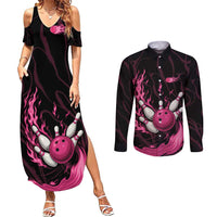 Pink Flaming Bowling Ball and Pins Couples Matching Summer Maxi Dress and Long Sleeve Button Shirt with Lightning Effect Graphic Design - Wonder Print Shop
