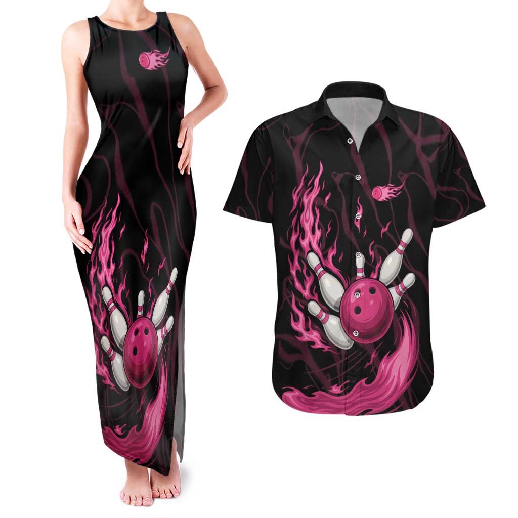 Pink Flaming Bowling Ball and Pins Couples Matching Tank Maxi Dress and Hawaiian Shirt with Lightning Effect Graphic Design - Wonder Print Shop