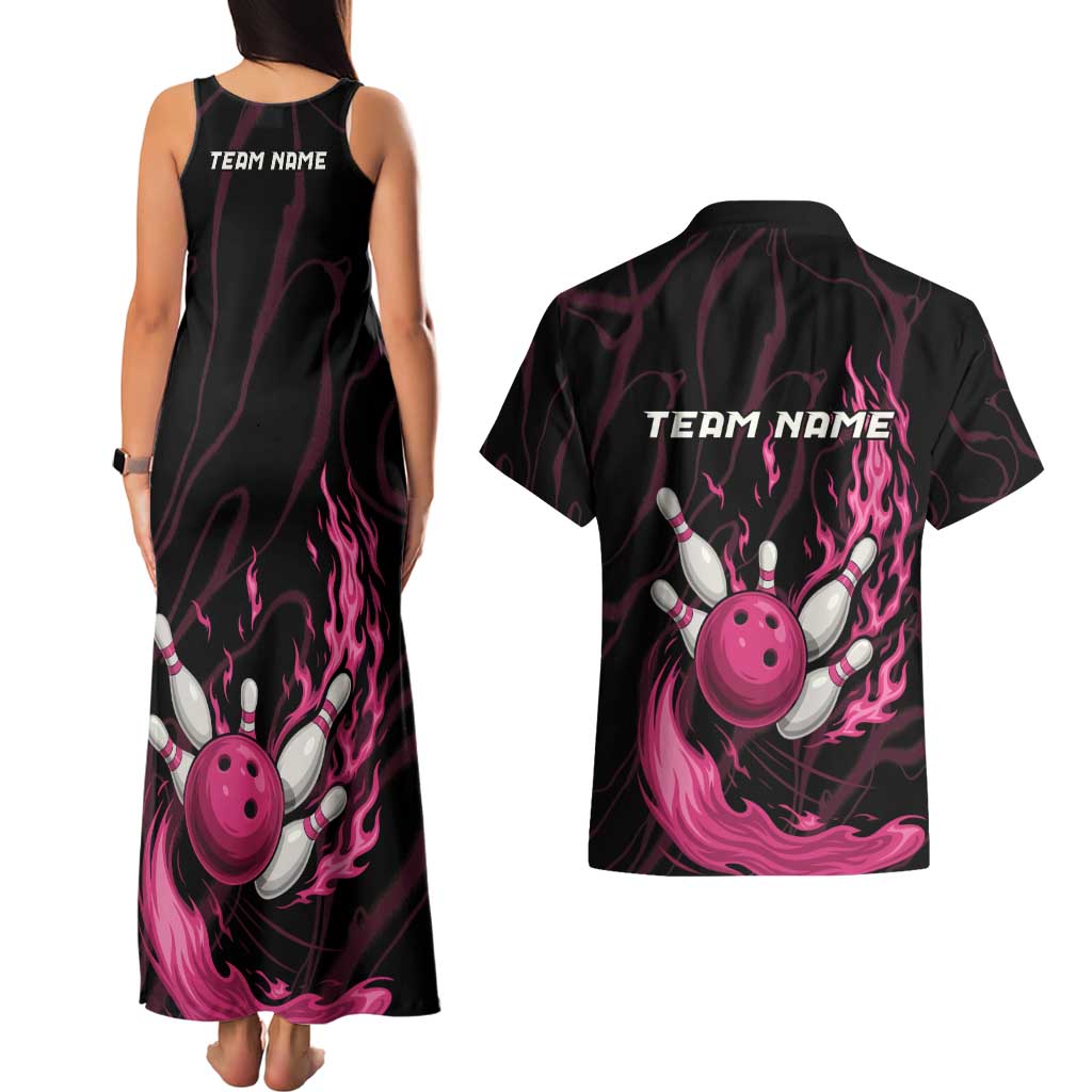 Pink Flaming Bowling Ball and Pins Couples Matching Tank Maxi Dress and Hawaiian Shirt with Lightning Effect Graphic Design - Wonder Print Shop