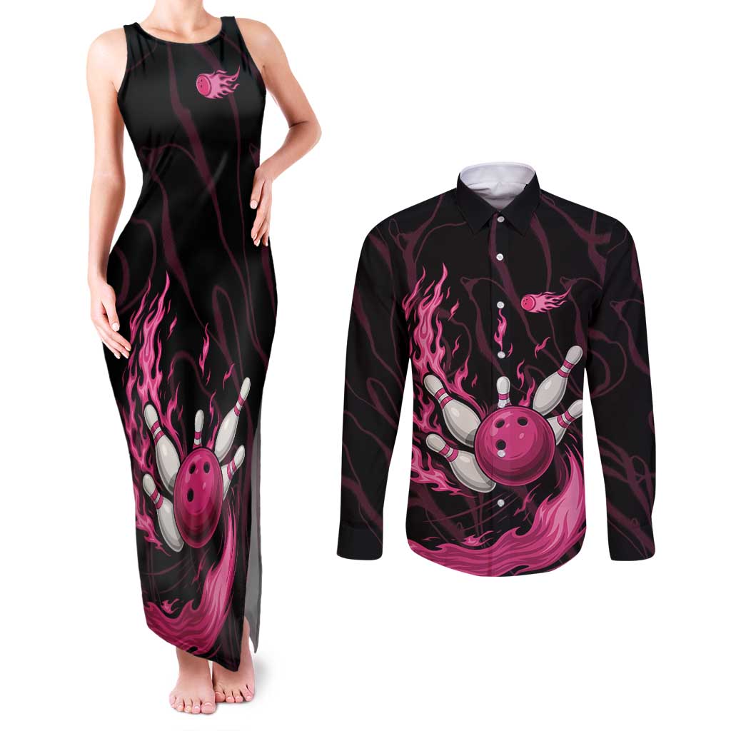 Pink Flaming Bowling Ball and Pins Couples Matching Tank Maxi Dress and Long Sleeve Button Shirt with Lightning Effect Graphic Design - Wonder Print Shop