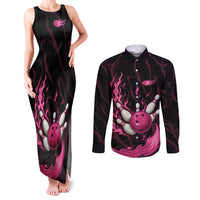 Pink Flaming Bowling Ball and Pins Couples Matching Tank Maxi Dress and Long Sleeve Button Shirt with Lightning Effect Graphic Design - Wonder Print Shop