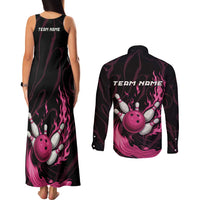 Pink Flaming Bowling Ball and Pins Couples Matching Tank Maxi Dress and Long Sleeve Button Shirt with Lightning Effect Graphic Design - Wonder Print Shop