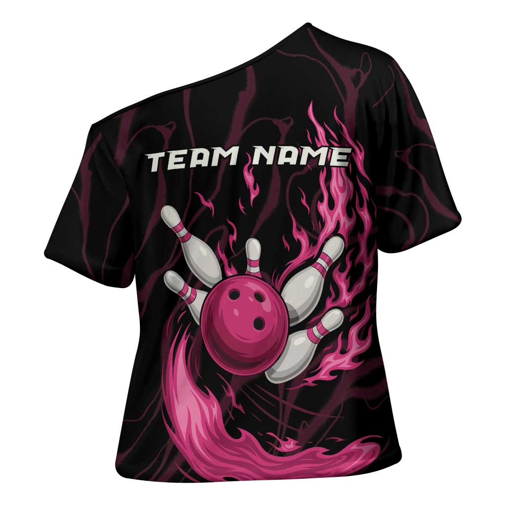 Pink Flaming Bowling Ball and Pins Cross Shoulder Shirt with Lightning Effect Graphic Design - Wonder Print Shop