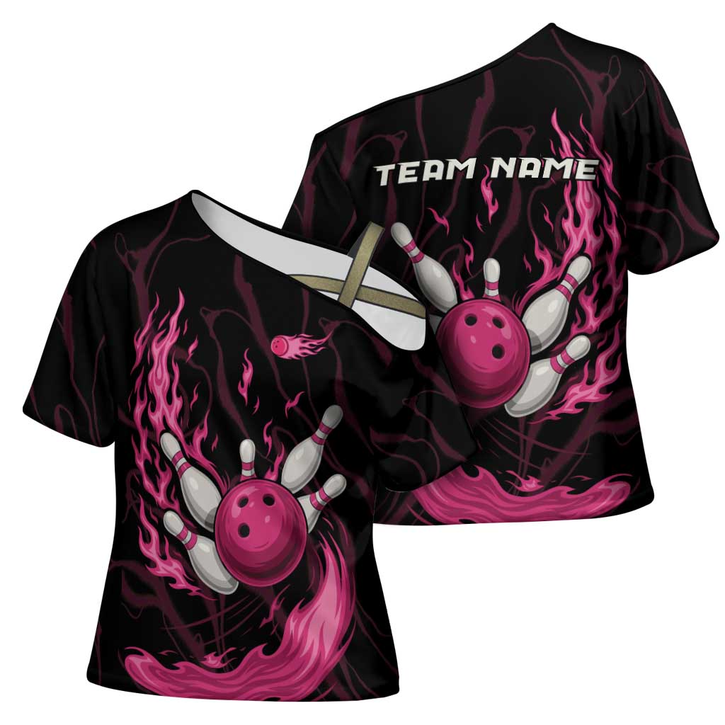 Pink Flaming Bowling Ball and Pins Cross Shoulder Shirt with Lightning Effect Graphic Design - Wonder Print Shop