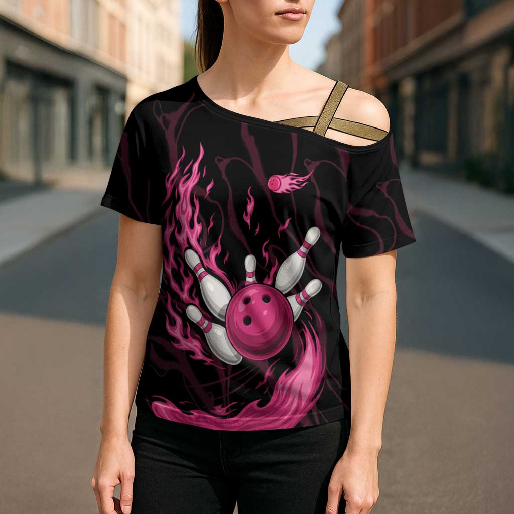 Pink Flaming Bowling Ball and Pins Cross Shoulder Shirt with Lightning Effect Graphic Design - Wonder Print Shop