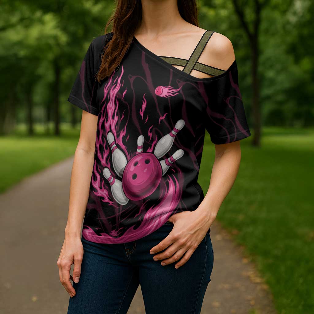 Pink Flaming Bowling Ball and Pins Cross Shoulder Shirt with Lightning Effect Graphic Design - Wonder Print Shop