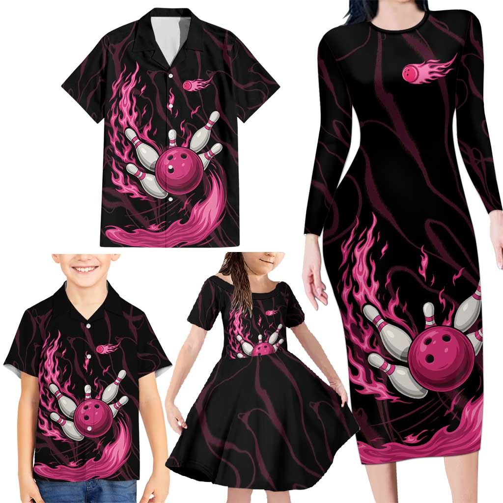 Pink Flaming Bowling Ball and Pins Family Matching Long Sleeve Bodycon Dress and Hawaiian Shirt with Lightning Effect Graphic Design - Wonder Print Shop