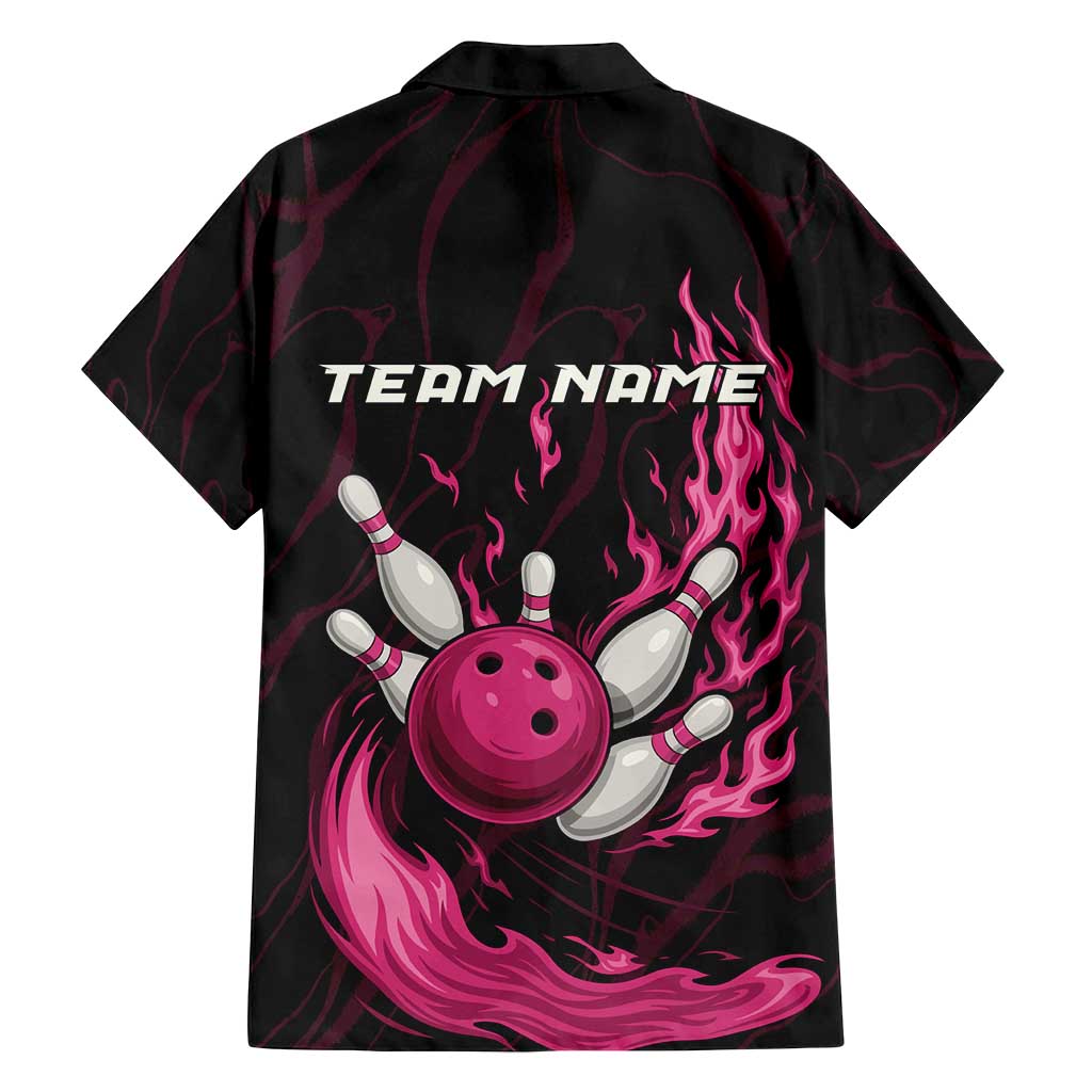 Pink Flaming Bowling Ball and Pins Family Matching Long Sleeve Bodycon Dress and Hawaiian Shirt with Lightning Effect Graphic Design - Wonder Print Shop
