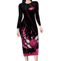 Pink Flaming Bowling Ball and Pins Family Matching Long Sleeve Bodycon Dress and Hawaiian Shirt with Lightning Effect Graphic Design - Wonder Print Shop