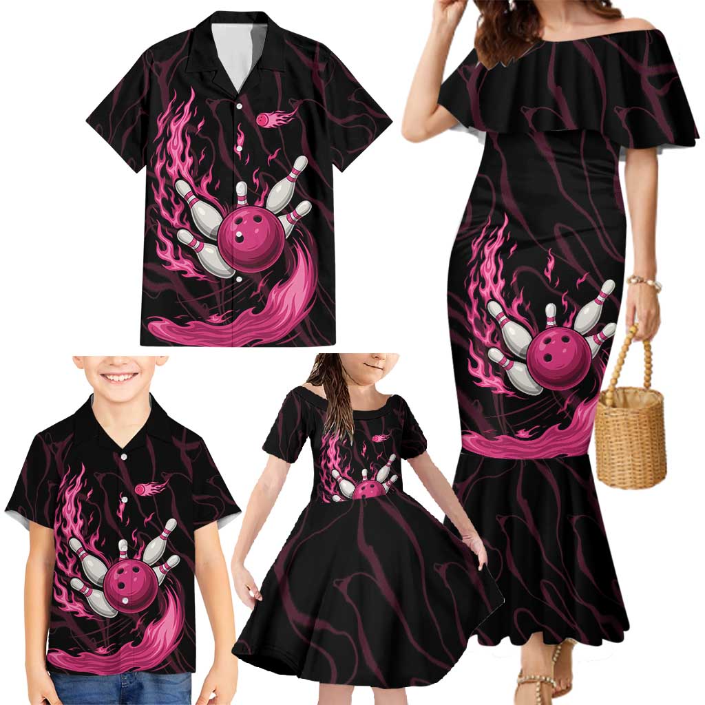 Pink Flaming Bowling Ball and Pins Family Matching Mermaid Dress and Hawaiian Shirt with Lightning Effect Graphic Design - Wonder Print Shop