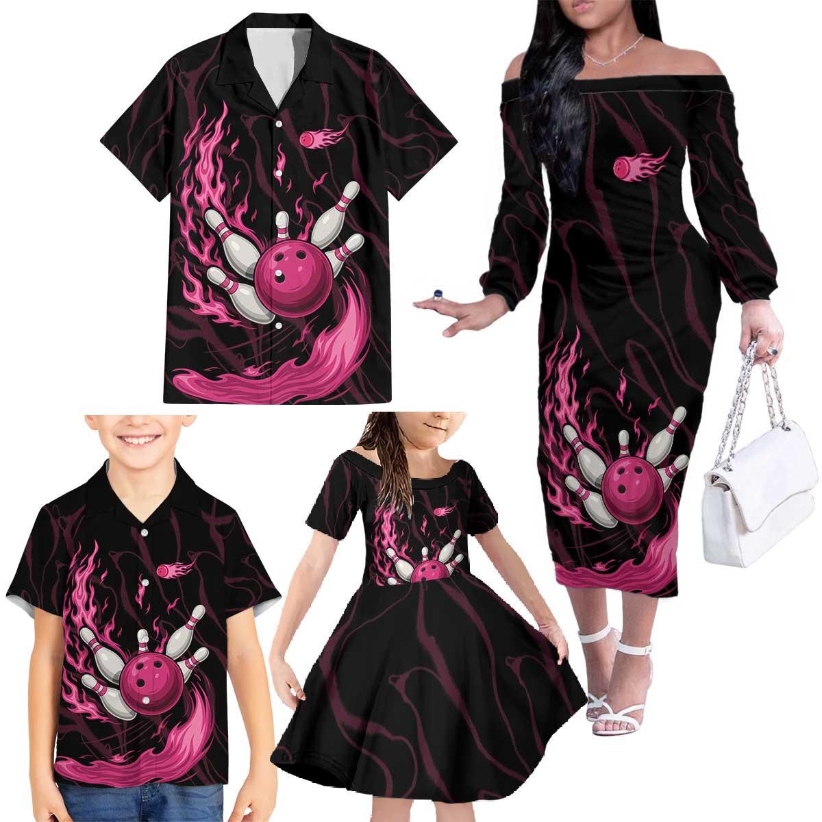 Pink Flaming Bowling Ball and Pins Family Matching Off The Shoulder Long Sleeve Dress and Hawaiian Shirt with Lightning Effect Graphic Design - Wonder Print Shop