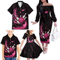 Pink Flaming Bowling Ball and Pins Family Matching Off The Shoulder Long Sleeve Dress and Hawaiian Shirt with Lightning Effect Graphic Design - Wonder Print Shop