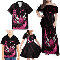 Pink Flaming Bowling Ball and Pins Family Matching Off Shoulder Maxi Dress and Hawaiian Shirt with Lightning Effect Graphic Design - Wonder Print Shop