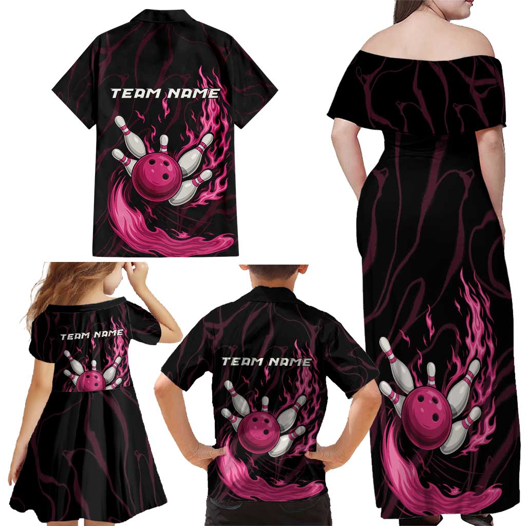 Pink Flaming Bowling Ball and Pins Family Matching Off Shoulder Maxi Dress and Hawaiian Shirt with Lightning Effect Graphic Design - Wonder Print Shop