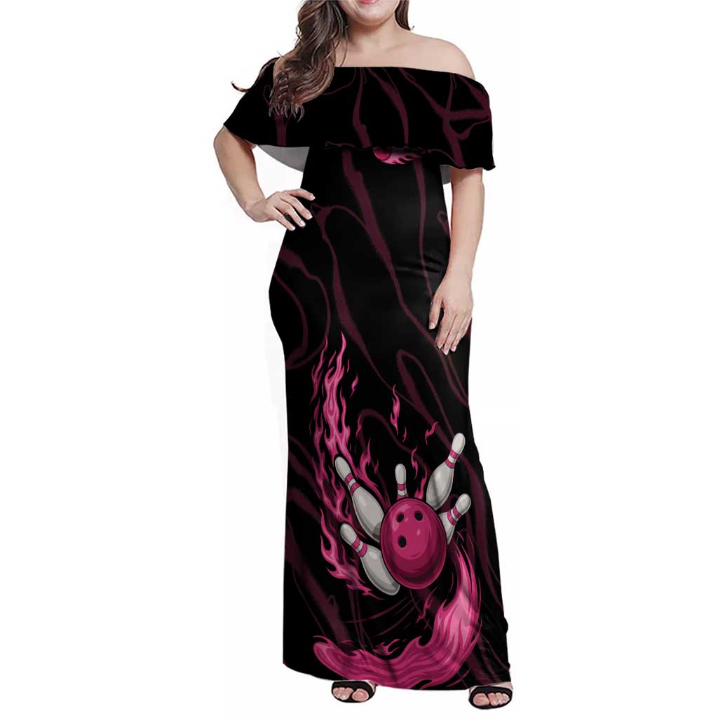 Pink Flaming Bowling Ball and Pins Family Matching Off Shoulder Maxi Dress and Hawaiian Shirt with Lightning Effect Graphic Design - Wonder Print Shop