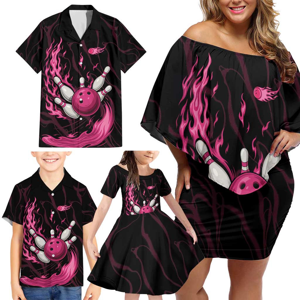 Pink Flaming Bowling Ball and Pins Family Matching Off Shoulder Short Dress and Hawaiian Shirt with Lightning Effect Graphic Design - Wonder Print Shop