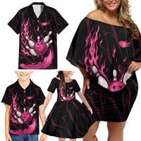 Pink Flaming Bowling Ball and Pins Family Matching Off Shoulder Short Dress and Hawaiian Shirt with Lightning Effect Graphic Design - Wonder Print Shop
