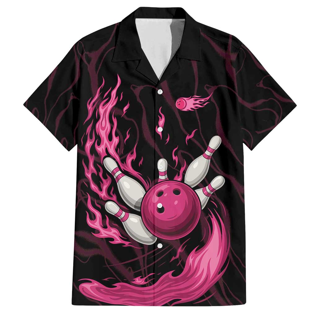 Pink Flaming Bowling Ball and Pins Family Matching Off Shoulder Short Dress and Hawaiian Shirt with Lightning Effect Graphic Design - Wonder Print Shop