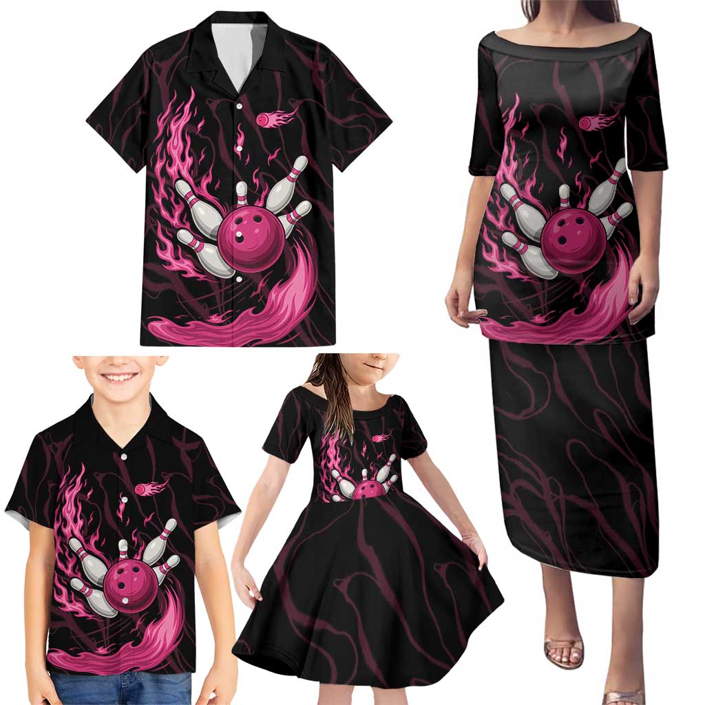 Pink Flaming Bowling Ball and Pins Family Matching Puletasi and Hawaiian Shirt with Lightning Effect Graphic Design - Wonder Print Shop