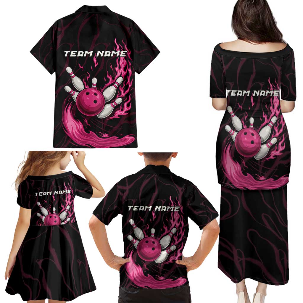 Pink Flaming Bowling Ball and Pins Family Matching Puletasi and Hawaiian Shirt with Lightning Effect Graphic Design - Wonder Print Shop