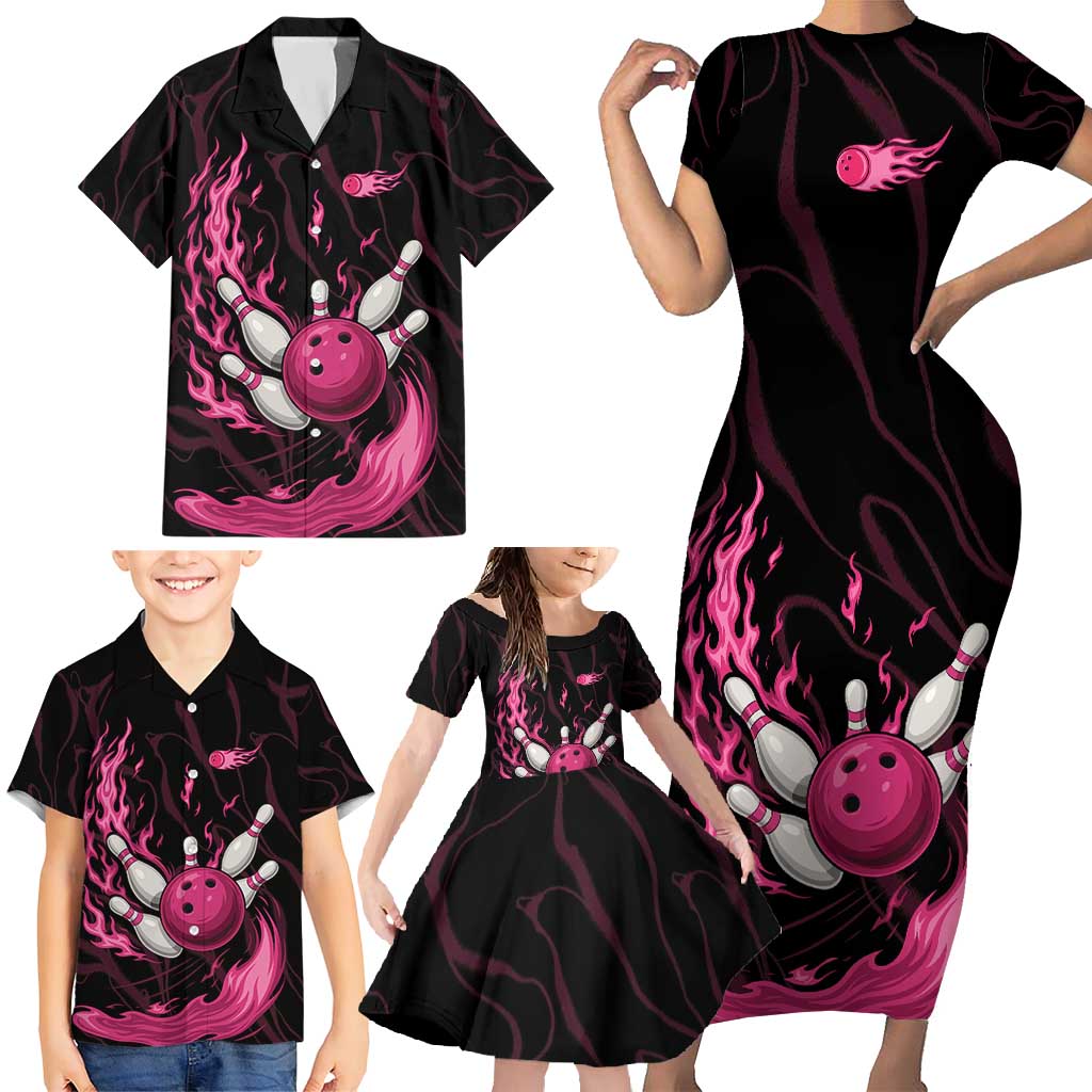 Pink Flaming Bowling Ball and Pins Family Matching Short Sleeve Bodycon Dress and Hawaiian Shirt with Lightning Effect Graphic Design - Wonder Print Shop