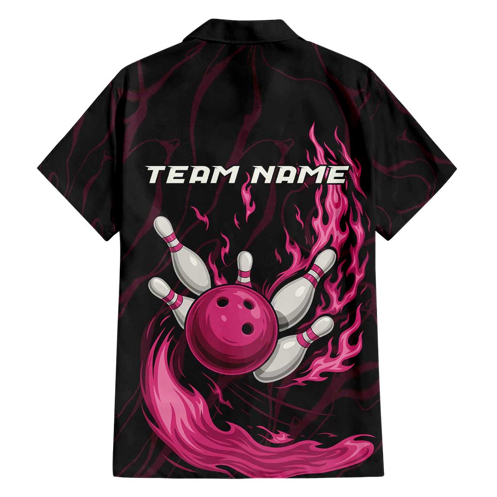Pink Flaming Bowling Ball and Pins Family Matching Short Sleeve Bodycon Dress and Hawaiian Shirt with Lightning Effect Graphic Design - Wonder Print Shop