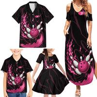 Pink Flaming Bowling Ball and Pins Family Matching Summer Maxi Dress and Hawaiian Shirt with Lightning Effect Graphic Design - Wonder Print Shop