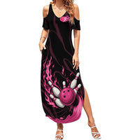 Pink Flaming Bowling Ball and Pins Family Matching Summer Maxi Dress and Hawaiian Shirt with Lightning Effect Graphic Design - Wonder Print Shop