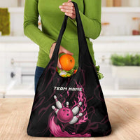 Pink Flaming Bowling Ball and Pins Grocery Bag with Lightning Effect Graphic Design - Wonder Print Shop