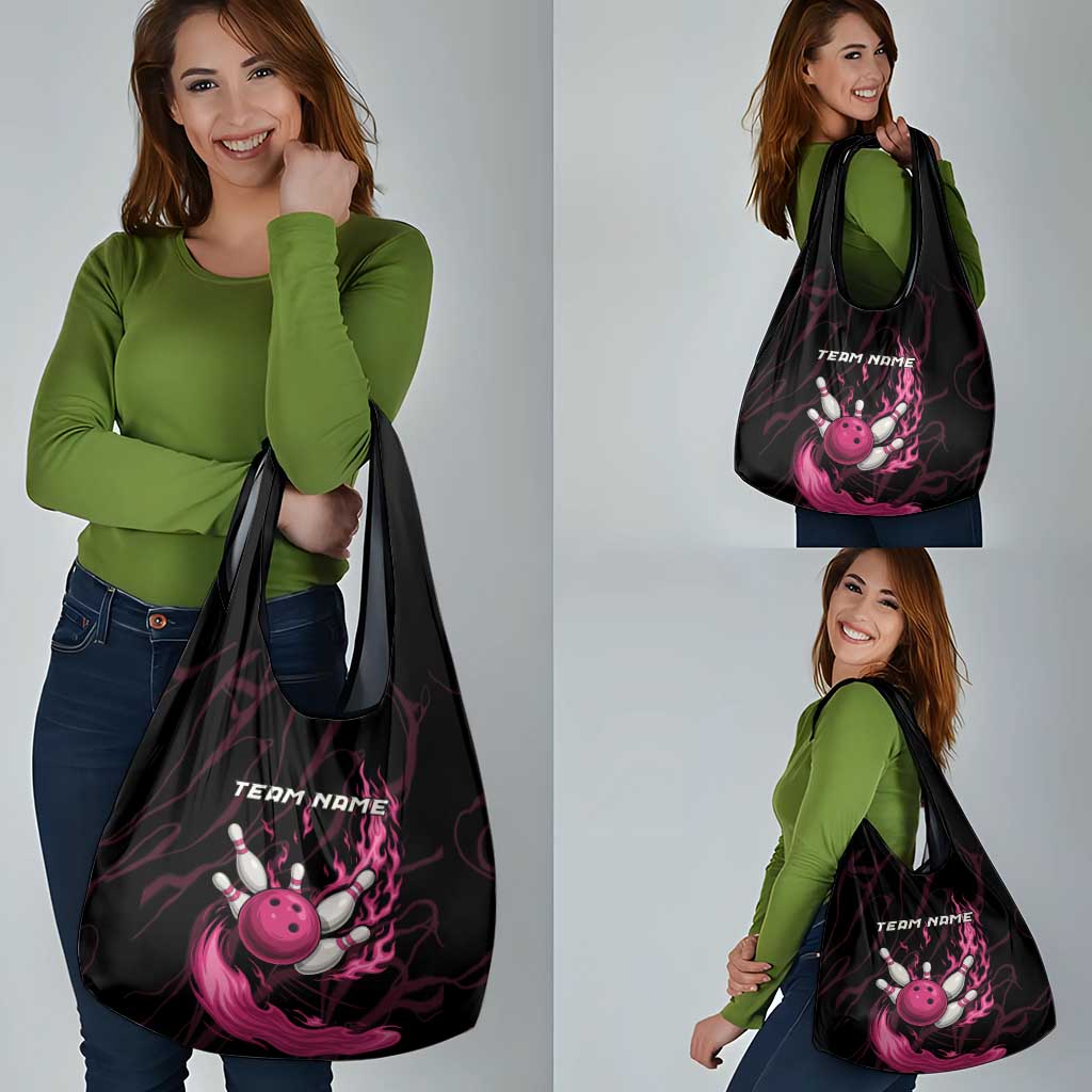 Pink Flaming Bowling Ball and Pins Grocery Bag with Lightning Effect Graphic Design - Wonder Print Shop