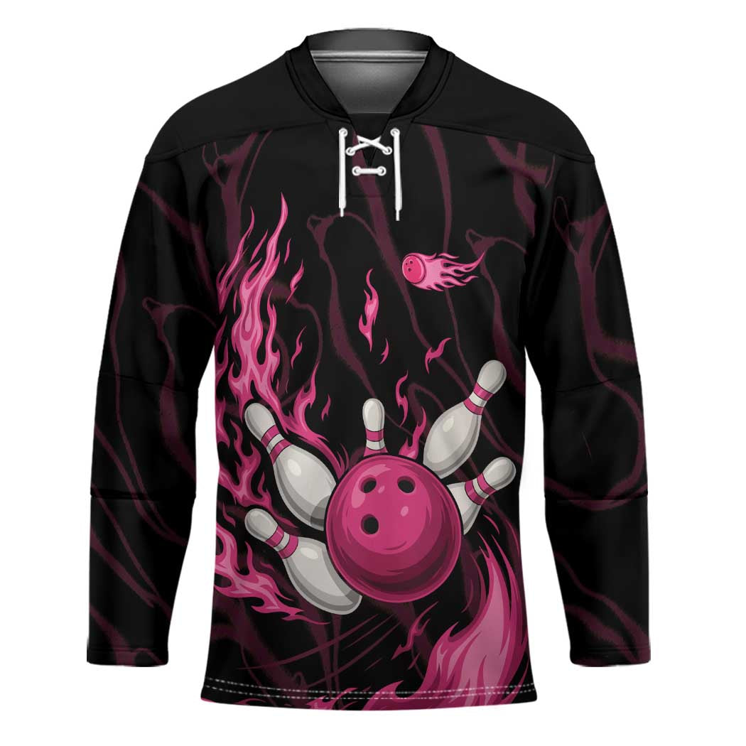 Pink Flaming Bowling Ball and Pins Hockey Jersey with Lightning Effect Graphic Design - Wonder Print Shop