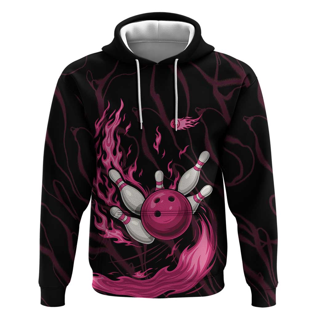 Pink Flaming Bowling Ball and Pins Hoodie with Lightning Effect Graphic Design - Wonder Print Shop