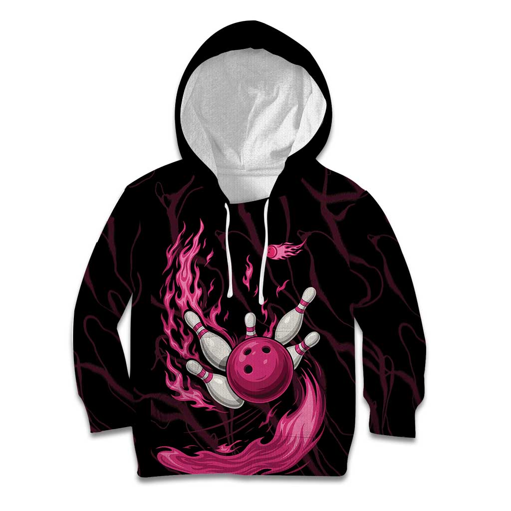 Pink Flaming Bowling Ball and Pins Kid Hoodie with Lightning Effect Graphic Design - Wonder Print Shop
