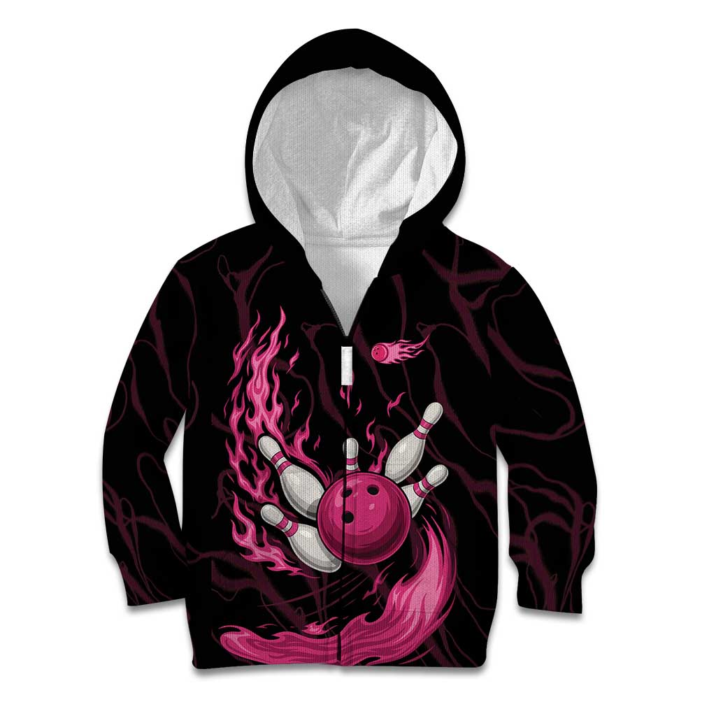 Pink Flaming Bowling Ball and Pins Kid Hoodie with Lightning Effect Graphic Design - Wonder Print Shop