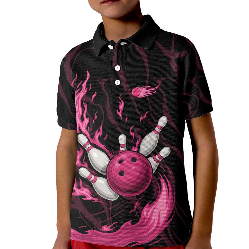 Pink Flaming Bowling Ball and Pins Kid Polo Shirt with Lightning Effect Graphic Design - Wonder Print Shop