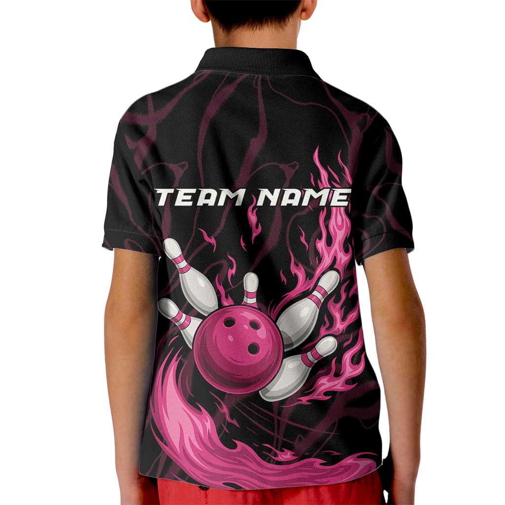 Pink Flaming Bowling Ball and Pins Kid Polo Shirt with Lightning Effect Graphic Design - Wonder Print Shop