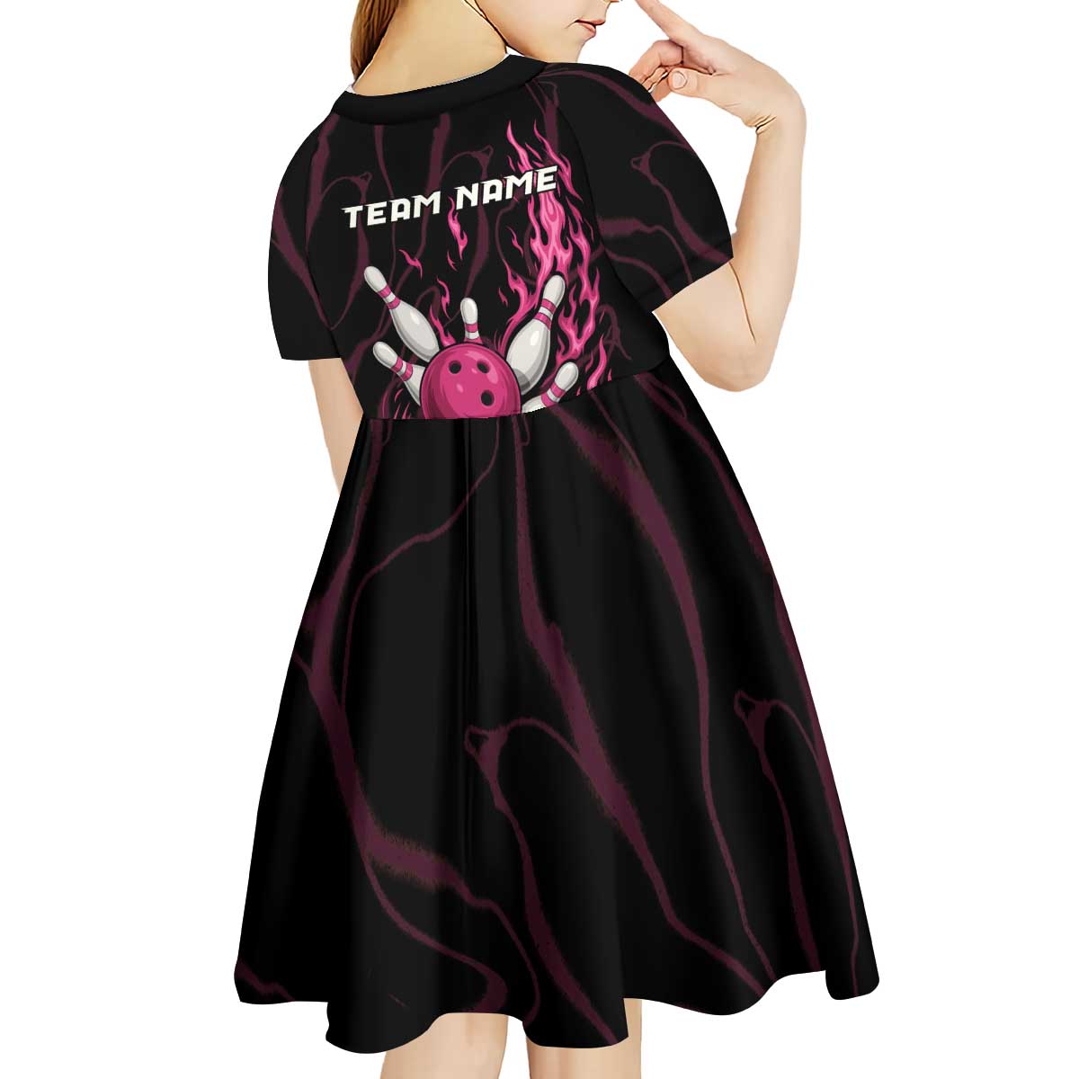 Pink Flaming Bowling Ball and Pins Kid Short Sleeve Dress with Lightning Effect Graphic Design - Wonder Print Shop