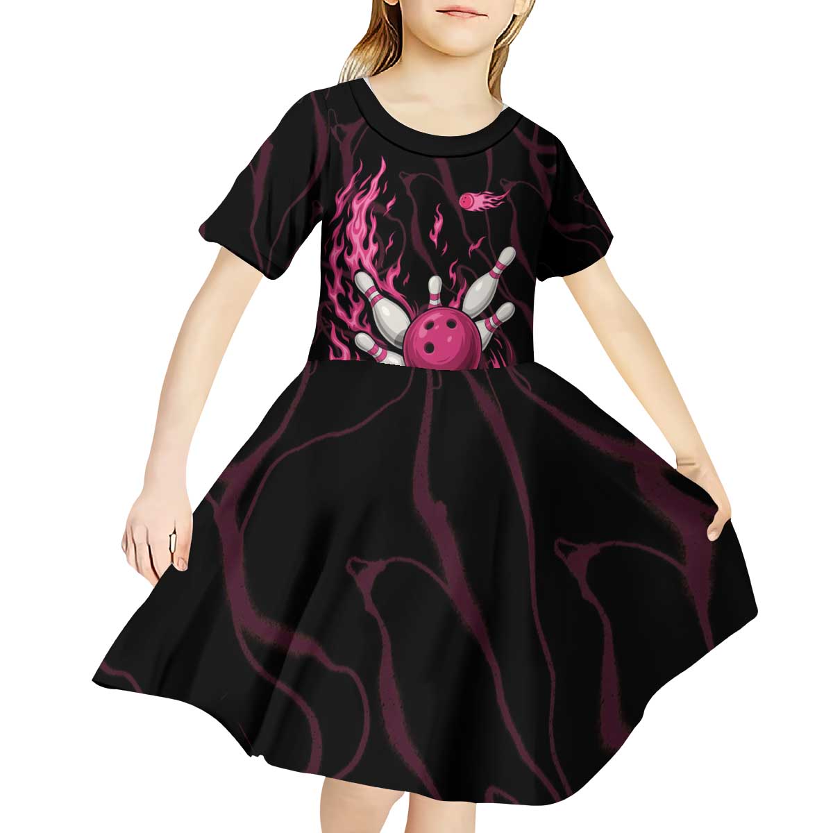 Pink Flaming Bowling Ball and Pins Kid Short Sleeve Dress with Lightning Effect Graphic Design - Wonder Print Shop